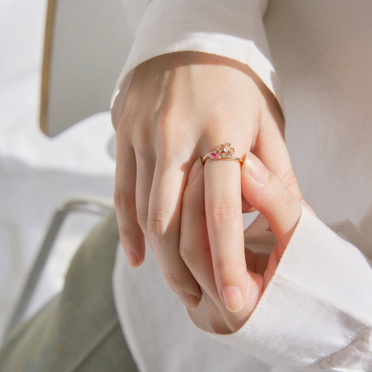 Silver Color Stone Sakura Ring|20-4670-4672